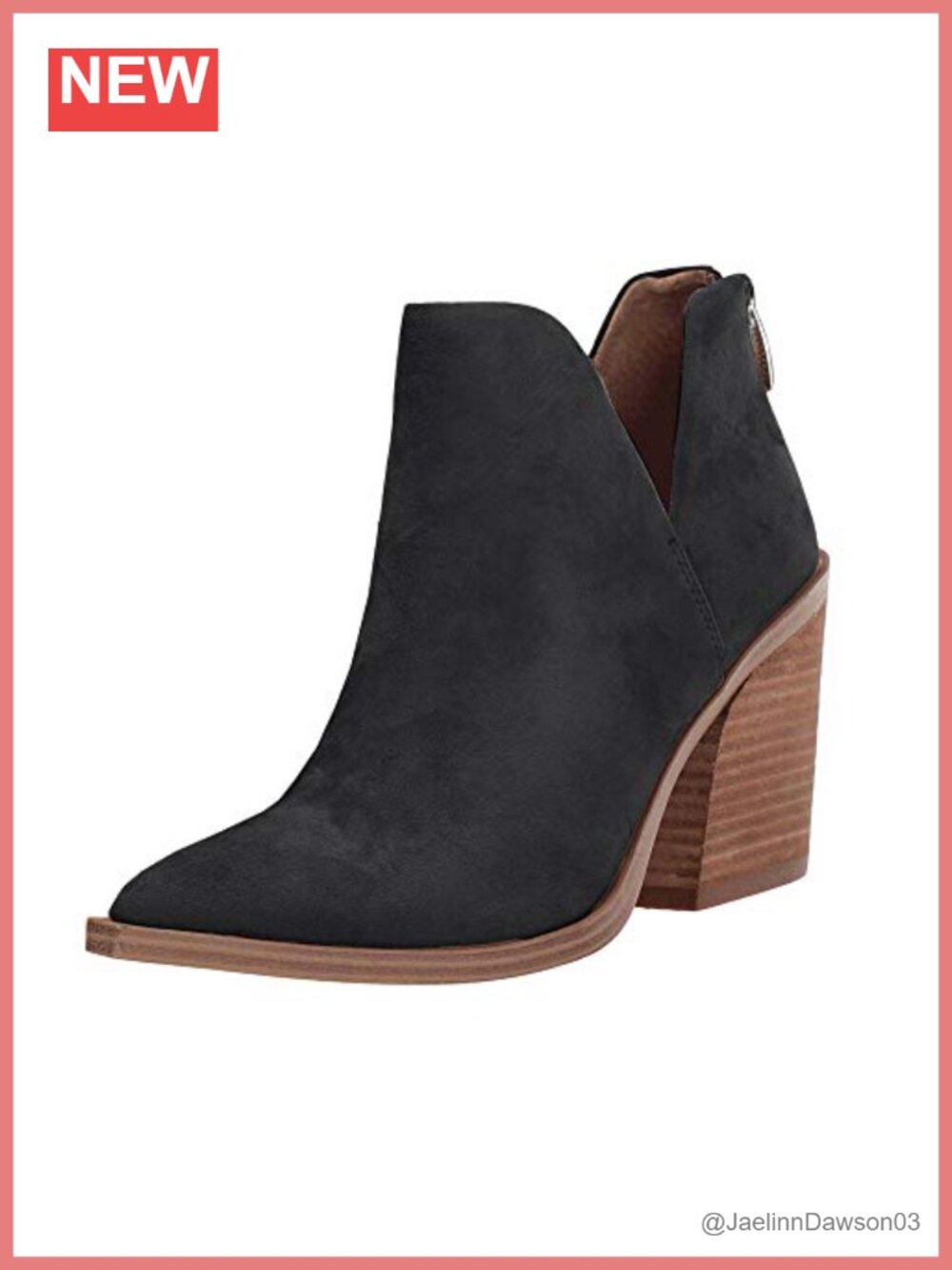 Pointed Toe Faux Leather Ankle Boots Stacked Mid Heel V Cut Back Zip Booties